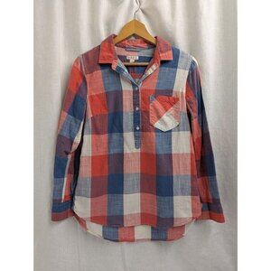 Merona women's Half Button Up Red, White & Blue Plaid Polka Dot Shirt, F10